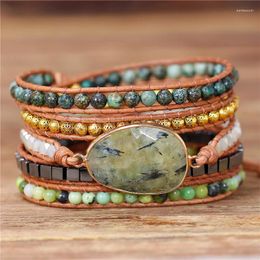 Bracelets de charme exclusif bracelet en cuir véritable déclaration prehnite femme boho pierre naturelle 5 enveloppes goutte