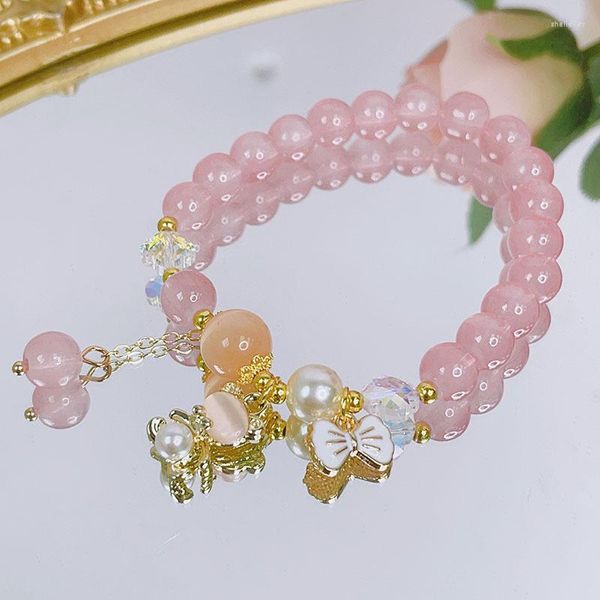 Bracelets porte-bonheur exquis papillon perlé pour les femmes douces filles rose résine réglable Bracelet cadeau bijoux accessoire en gros