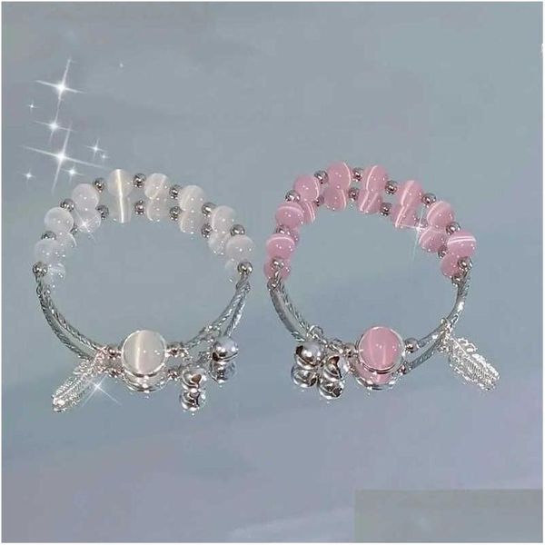 Bracelets de charme Bracelet de perles d'opale exquise pour femmes Mode Cat Eye Perles Plume Bell Pendentif Papillon Bracelet Couple Amis Je Otlcp