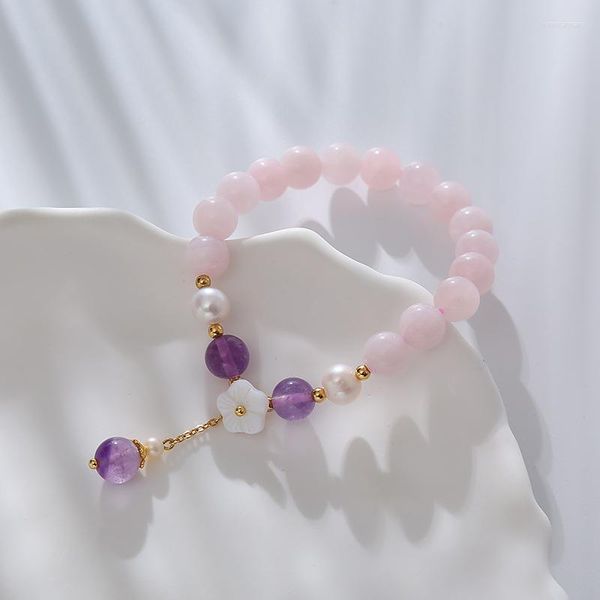 Pulseras con dijes Exquisita pulsera de cristal rosa con colgante de flores de concha y cuentas de amatista Joyería de moda para mujeres Cumpleaños perfecto