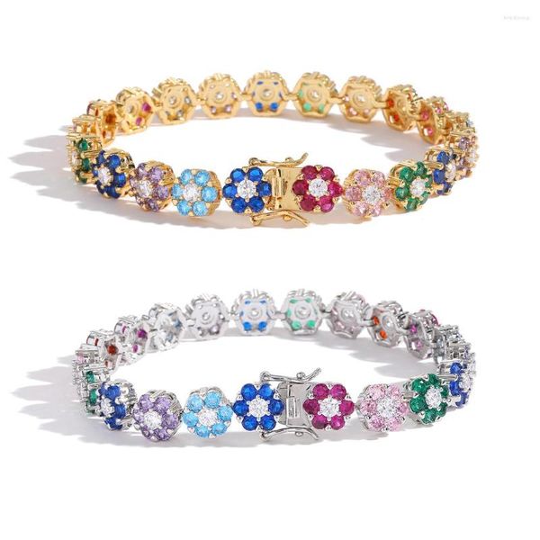 Pulseras de encanto Eyika Bohemia Rainbow CZ Pulsera de flores Oro Plata Color Iced Out Zircon Floral Cadena de tenis Mujeres Hombres Hiphop Joyería