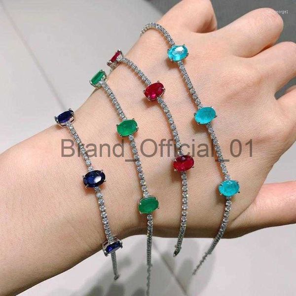 Bracelets de charme Eyika Couleur argentée tendance 3 paraiba ovale Tourmaline créé Ruby Emerald Sapphire Zircon Tennis Bracelet pour les femmes Fine X0810