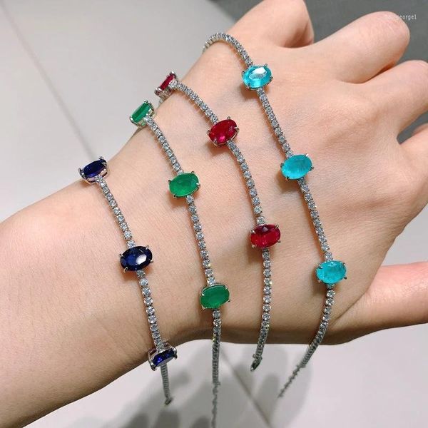 Pulseras de encanto Eyika Trendy Color Plata 3 Oval Paraiba Tourmaline Creado Ruby Emerald Sapphire Zircon Pulsera de tenis para mujeres finas