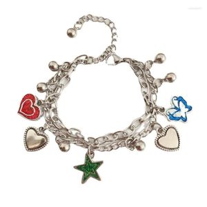 Bracelets porte-bonheur F19D 5 pendentifs pour femmes étoile coeur argent plaqué alliage Y2K Punk mode bijoux simples