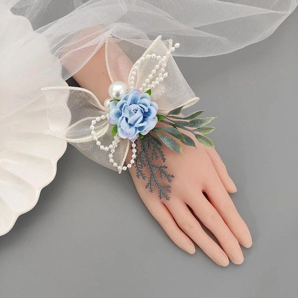 Pulseras con dijes Tela Flores de mano Mujeres Dama de honor Flor Muñeca Corsage Nupcial Fiesta de graduación Boutonniere Satin Rose Pearl Pulsera Boda