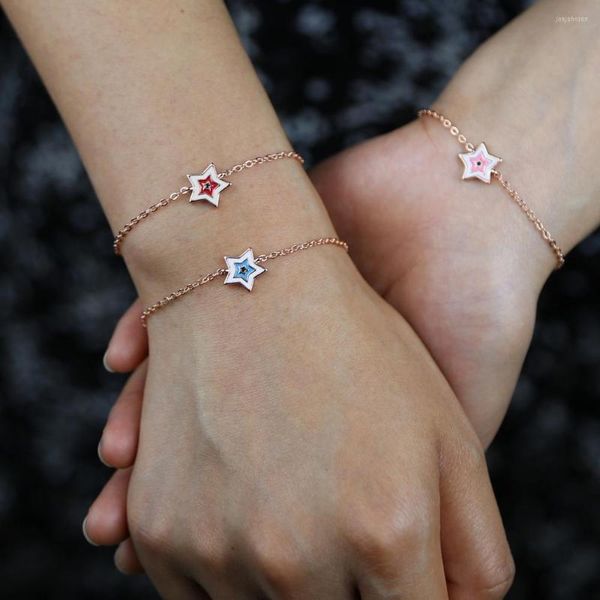 Pulseras con dijes Precio de fábrica Color de oro rosa Chapado en cadena de eslabones pequeños con pulsera de estrella de esmalte azul rojo rosa para regalo de fiesta de niña