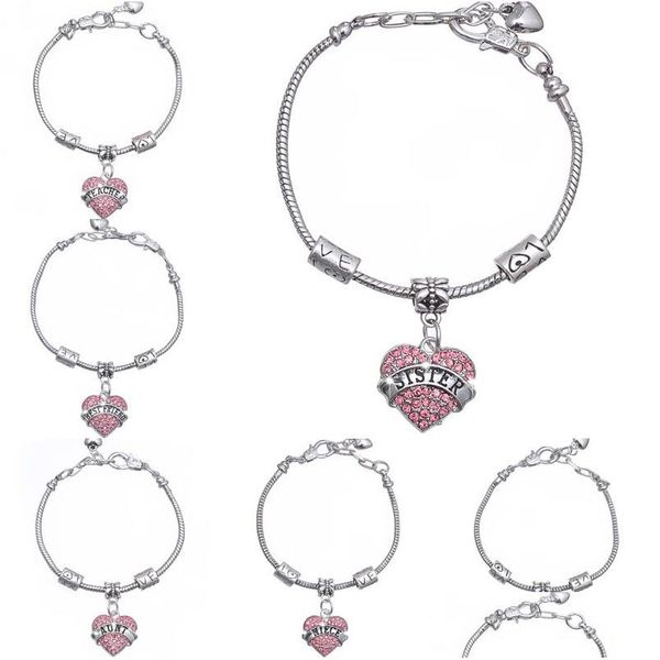 Pulseras con dijes Miembro de la familia Diamante Amor Corazón Pulsera Cristal Mamá Hija Abuela Creer Fe Esperanza Carta Brazalete Para Mujeres Me Dhqo7