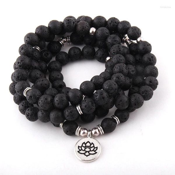 Bracelets de charme Mode 108 Perles de lave avec collier de yoga en pierre Lotus OM Bouddha