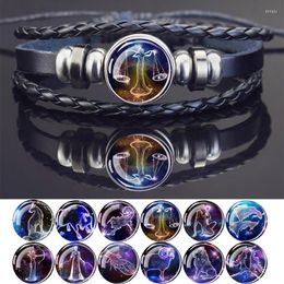 Bracelets porte-bonheur mode 12constellation Bracelet créatif 16mm alliage verre Cabochon cuir noir incrusté ornements cadeaux d'anniversaire