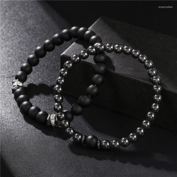 Bracelets porte-bonheur mode 2 pièces/ensembles breloques 8mm noir givré pierre ensembles Punk mat perles Bracelet pour hommes femmes bijoux