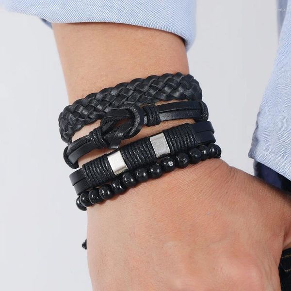 Bracelets de charme mode 4pcs combinaison Bracelet en cuir authentique pour hommes Suit vintage Black Perles Accessoires de bijoux masculins