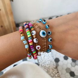 Bedelarmbanden Mode 5 stks/set Blauw Geglazuurde Ogen Brief Zacht Aardewerk Metalen Set Voor Vrouwen Persoonlijkheid Boheemse Sieraden Geschenken