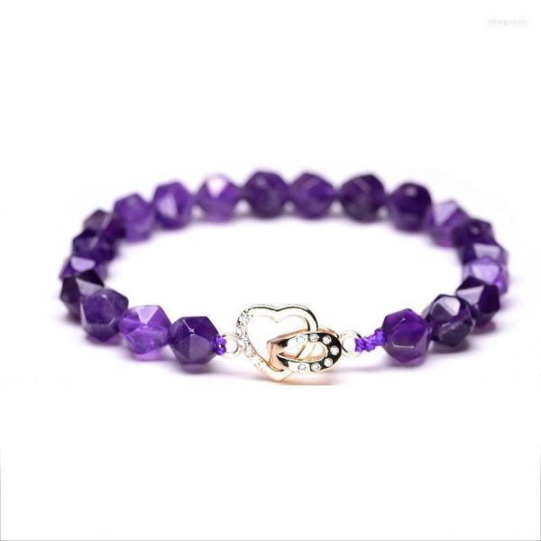 Bracelets de charme Mode 8mm Naturel Violet Facettes Améthyste Perles Pour Femmes Coeur Forme Cuivre Fermoirs Cubique Zircone Attache LoveCharm Inte
