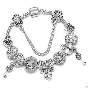 Bracelets de charme mode 925 Sterling Sier Love Bowknot Coeur Coucher Clé Murano LAMPERRE VERRE EUROPELLE Perles de charme Crystal Sangle Fits Dhdod