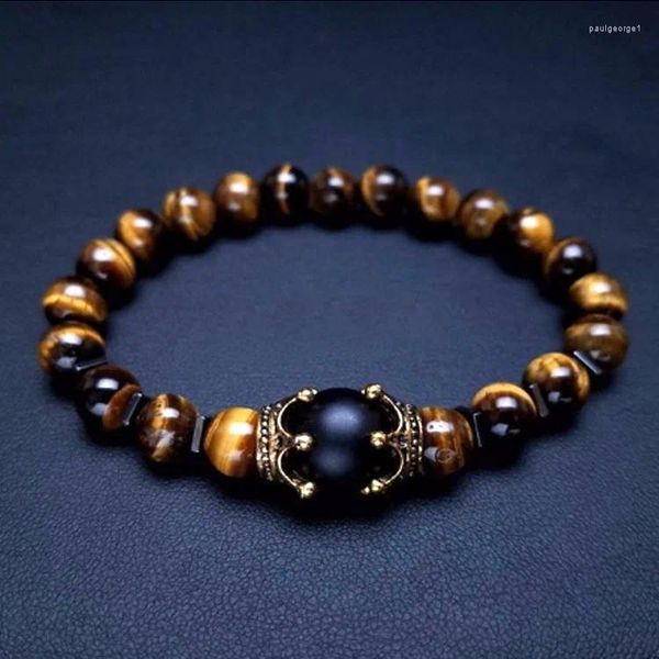 Bracelets de charme Bracelet en acier de perles de mode pour hommes tissage couronne unique pierre d'oeil de tigre mâle classique bijoux Punk lourds