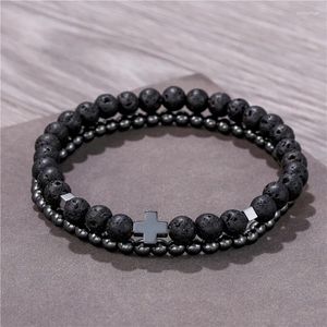 Bracelets de charme Mode Croix Noire Perlée Pour Hommes Garçons Double Couches Réglable Pierre Naturelle Bracelet Élastique Super Mince Bijoux