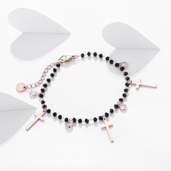 Pulseras de encanto Moda Cadena de cristal negro Pulsera cruzada para mujeres Oro rosa Acero inoxidable Religión Jesús Regalo Joyería