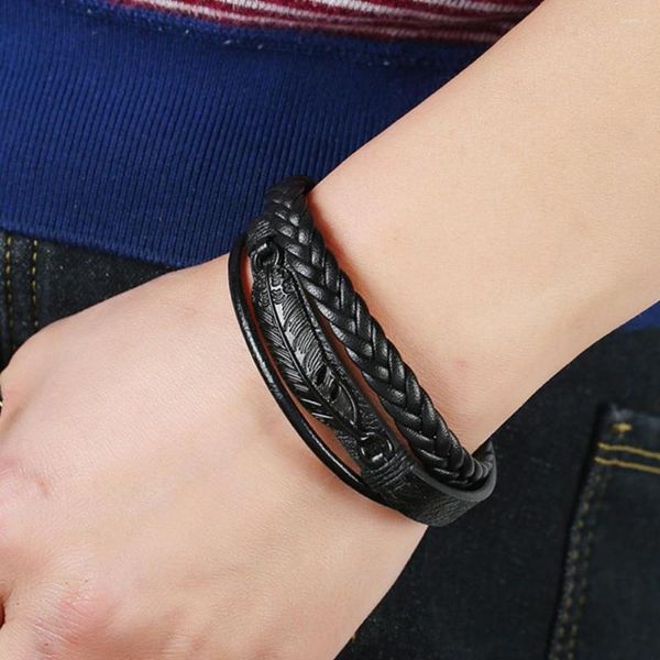 Bracelets porte-bonheur mode Bracelet en acier inoxydable noir pour hommes en cuir Double couche tressée corde bijoux unique plume petit ami cadeau