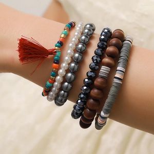 Bracelets de charme Mode Bohème 6Pcs / Lot Bracelet Ensemble Pour Femmes Rose Gland Bois Perle Perlée Boho Élastique Bijoux