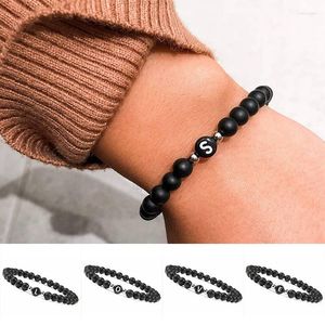 Bracelets de charme Bracelet de mode 6 mm lettre initiale pierre de lave pour hommes femmes fille perle noire lisse