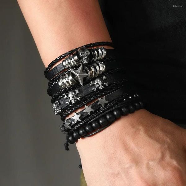 Bracelets de charme Bracelet de mode pour hommes multi-couche Punk Star crâne personnalité homme ensemble tendance tissé à la main bricolage en cuir
