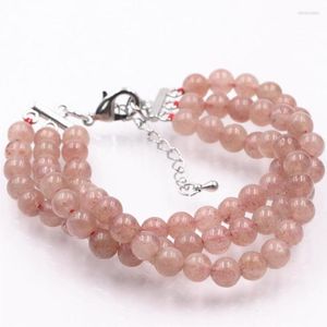 Pulseras con dijes Pulsera de moda Piedra de sol natural 6 mm Ronda Rosa Fresa Mujeres Granos de cristal Brazalete Regalos encantadores 7.5 