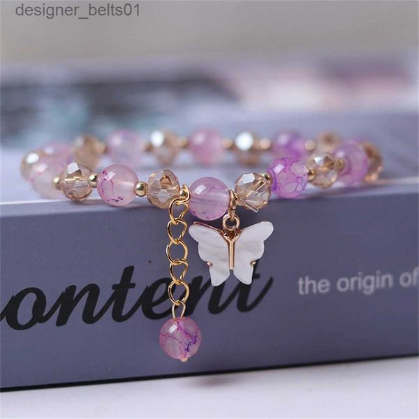 Charme Bracelets Mode papillon perlé Bracelets pour femme filles Imitation Jade bohème cristal charme élastique corde Bracelet main bijoux L231214