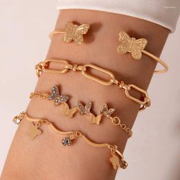 Bracelets de charme Mode Papillon Ouvert Bracelet Ensemble Pour Femmes Alliage Géométrique Chaîne Épaisse Creux Strass Quatre Couche Bracelet
