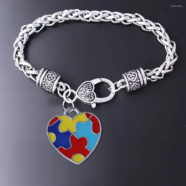 Pulseras de encanto Cuidado de la moda Joyería autista Pulsera Esmalte En forma de corazón Metal Autismo Rompecabezas Colgante Brazalete