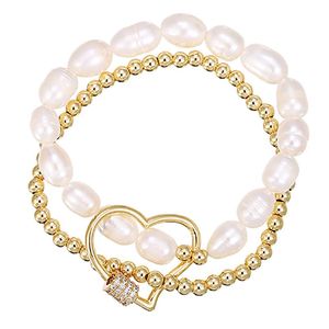 Bedelarmbanden mode charmant goud hart liefde hanger voor vrouwen luxe imitatie parels met dubbele keten bangle armband sieraden