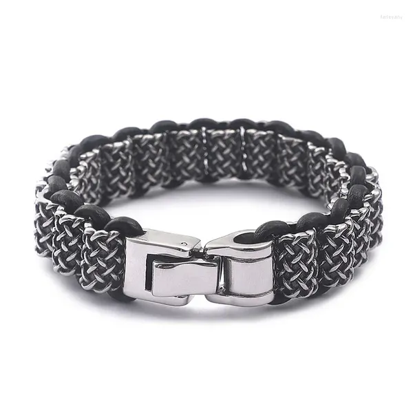 Pulseras de encanto Moda Cool Hombres Punk Weave Cadena Pulsera Titanio Acero Retro Color Negro Cruz Twist Joyería de cuero