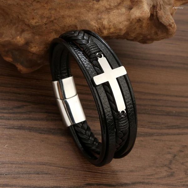 Bracelets porte-bonheur mode croix classique hommes Bracelet en cuir couleur argent acier inoxydable aimant Bracelet Punk année cadeaux