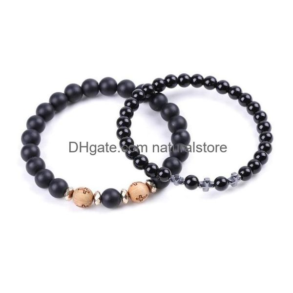 Bracelets De Charme De Mode Croix En Bois Perles Bracelet Noir Agate Bracelet Manchette Pour Femmes Hommes Bijoux Will Et Sandy Drop Livraison Dhrje