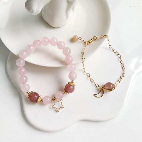 Pulseras con dijes Moda Linda Fresa natural Cristal Encantos Pulsera Estilo coreano Cuentas de vidrio rosa Flexible para mujer Niñas Señora