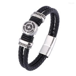 Bracelets de charme Mode Double Cuir Tressé Hommes En Acier Inoxydable Bouclier Ancre Gouvernail Bracelet Mâle Bijoux Cadeau Fait Main SP1335Charm Inte22