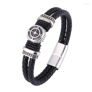 Bedelarmbanden mode dubbele gevlochten lederen mannen roestvrij staal schild anker roer bangle mannelijke sieraden handgemaakte cadeau sp1335Charm inte22