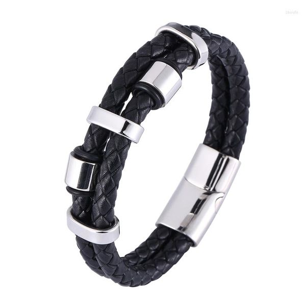 Pulseras con dijes, pulsera tejida de cuero genuino doble a la moda, joyería para hombre, hebilla magnética de acero inoxidable, venta al por mayor para hombre SP1358