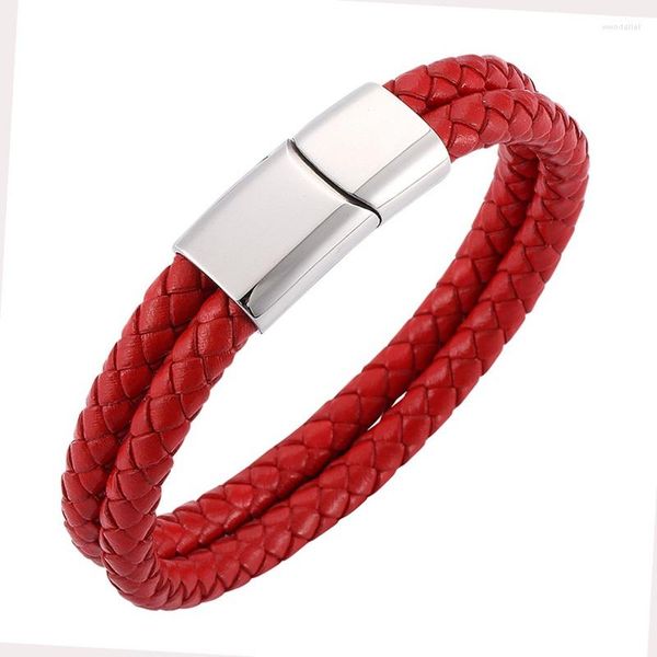 Charme Bracelets Mode Double Couche Rouge Tressé En Cuir Bracelet Hommes À La Mode En Acier Inoxydable Fermoir Magnétique Femmes Poignet Bande Bijoux Cadeaux