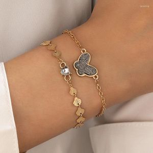 Bracelets de charme Mode Clignotant Papillon Chaîne Multicouche Bracelet Pour Femmes Alliage Géométrique Coeur Brique Incrusté Deux Couche Bracelet