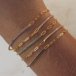 Bedelarmbanden Mode Geometrische Kleurrijke Regenboog Cz Schakelkettingen Paperclip Ronde Bezel CZ Tennis Uniek Ontwerp Armband Sieraden voor Vrouwen 230217