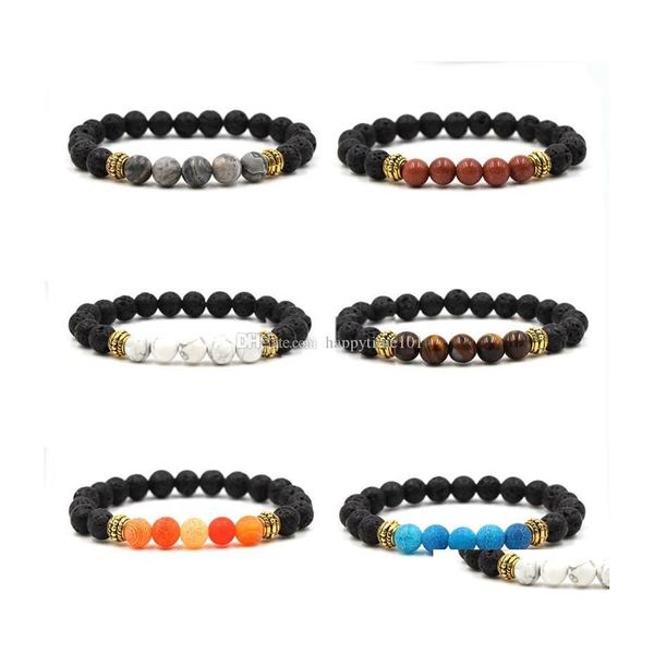 Pulseras de encanto Moda Chapado en oro Ojo de tigre Natural Negro Lava Piedra Pulsera Elástica Aromaterapia Difusor de aceite esencial para Wome Dhekn