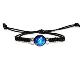 Bracelets de charme Fashion Fashion à main en cuir réglable Chaîne de corde noire Lumineuse 12 Constellations Zodiac Signes Perles Brangle Bijoux F Dhweo