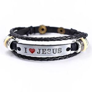 Pulseras con dijes Moda Amo a Jesús Pulsera de cuero Signo Metal Mujeres Hombres Brazalete Joyería gótica Regalos multicapa Accesorios al por mayor