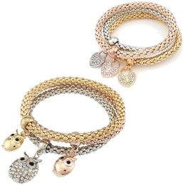 Bracelets de charme bijoux de mode 3 pièces Set Set Tree Colour Elastic Crystal Bar Setting Women Bangle Owl Heart for Bracelet Drop Deved Dhcxc