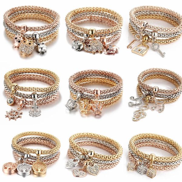 Charme Bracelets Bijoux De Mode Alliage Trois Couleurs Costume Élastique Popcorn Chaîne De Maïs Cristal Navire Ancre Pendentif Femmes Accessoires 230802