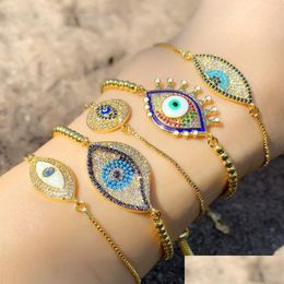 Bedelarmbanden Mode-sieraden Kralen Koper Verguld Zirkoon Boze Oog Armband Blauwe Ogen Verstelbare Drop Levering Dhdou