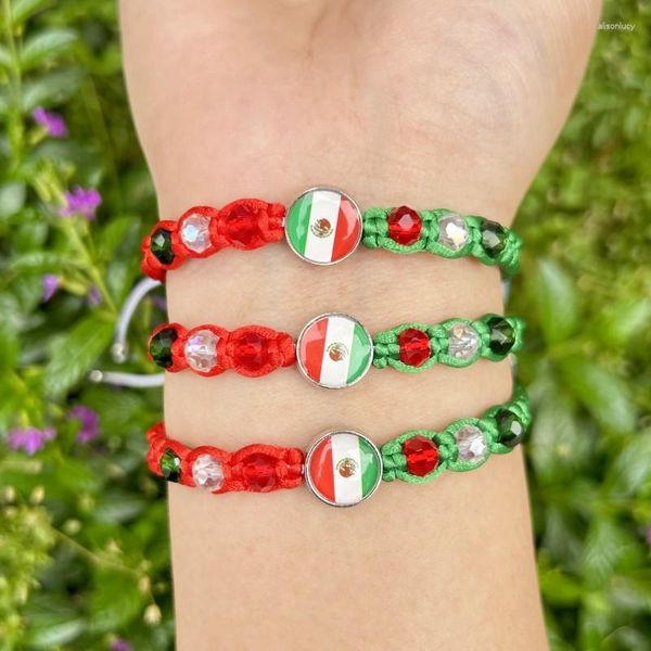 Pulseras con dijes, joyería de moda, cuerda trenzada hecha a mano, pulsera con cuentas de cristal, bandera étnica mexicana, pulsera para mujeres y hombres