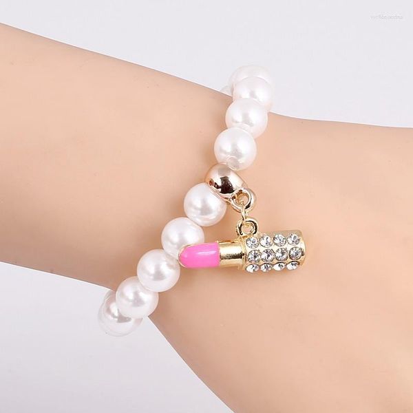 Bracelets porte-bonheur bijoux fantaisie perles d'imitation perle rose bâton de lèvre pendentif Bracelet pour femme cristal