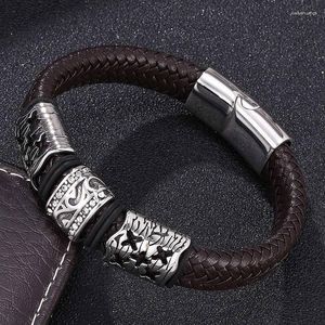 Charm Armbanden Mode-sieraden Mannen Bruin Gevlochten Lederen Armband Rvs Magnetische Sluiting Mannelijke Polsband Gift FR0121