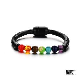 Bracelets de charme Mode Cuir Lava Chakra Pierre Perles Diffuseur D'huile Essentielle BraceletBracelet Noir Bracelets En Acier Inoxydable Pour Hommes Punk Dhatp